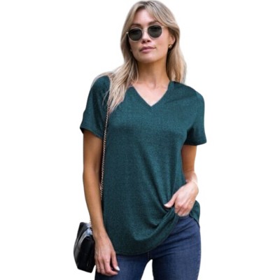 Amaryllis Women's Short-Sleeve Casual V-Neck Shimmer High Low Lightweight Tee Soft