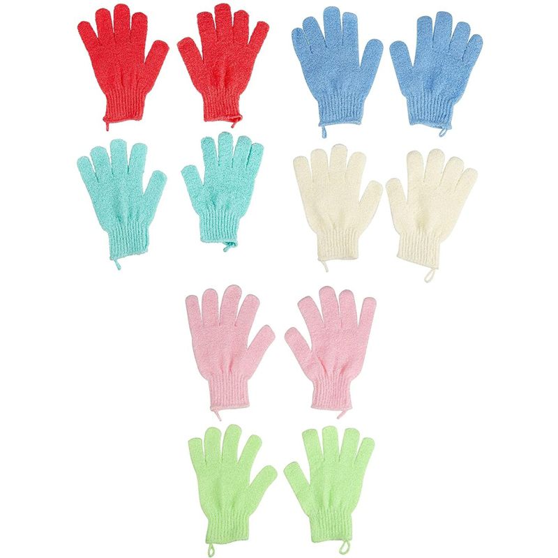 Glamlily 6 Pairs Body Exfoliating Shower Gloves, Bath Scrub Wash Mitt for Women, Men, Spa, Massage (Red, Cream, Blue, Pink, Green, Turquoise), 1 of 9