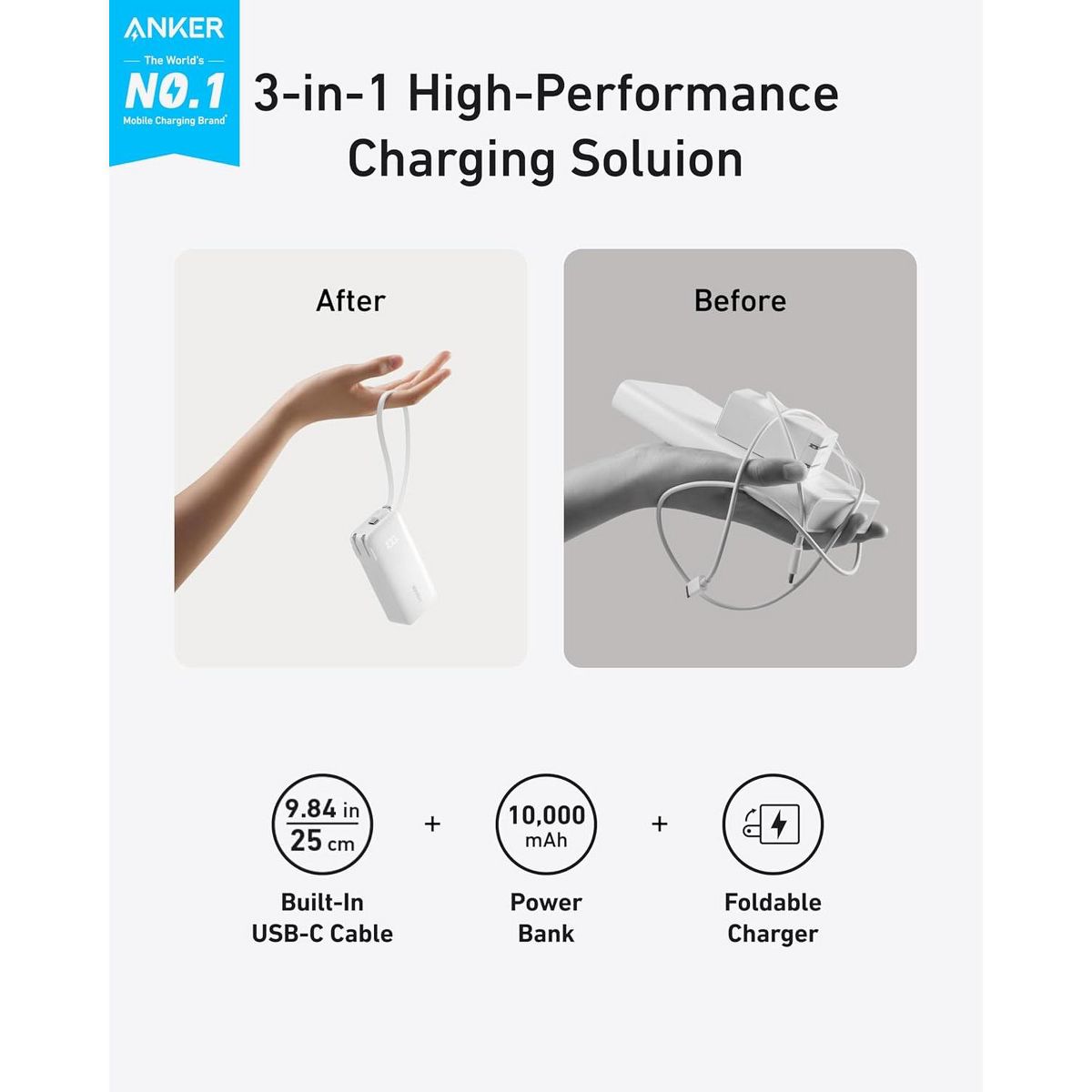 Anker Nano 3-in-1 Portable iPhone Charger, 10,000mAh Power Bank with Built-in USB-C Cable and Foldable Wall Plug, 30W Max Battery Pack - thumbnail 2