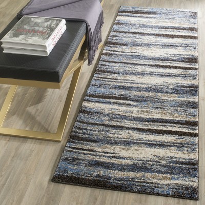 Retro Blue and Cream Abstract Synthetic Runner Rug