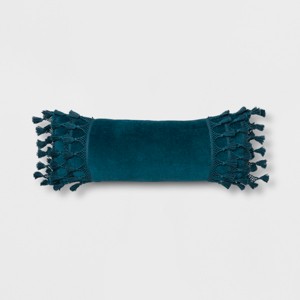 Lace Trim Velvet Oversized Lumbar Pillow Teal - Opalhouse , Blue