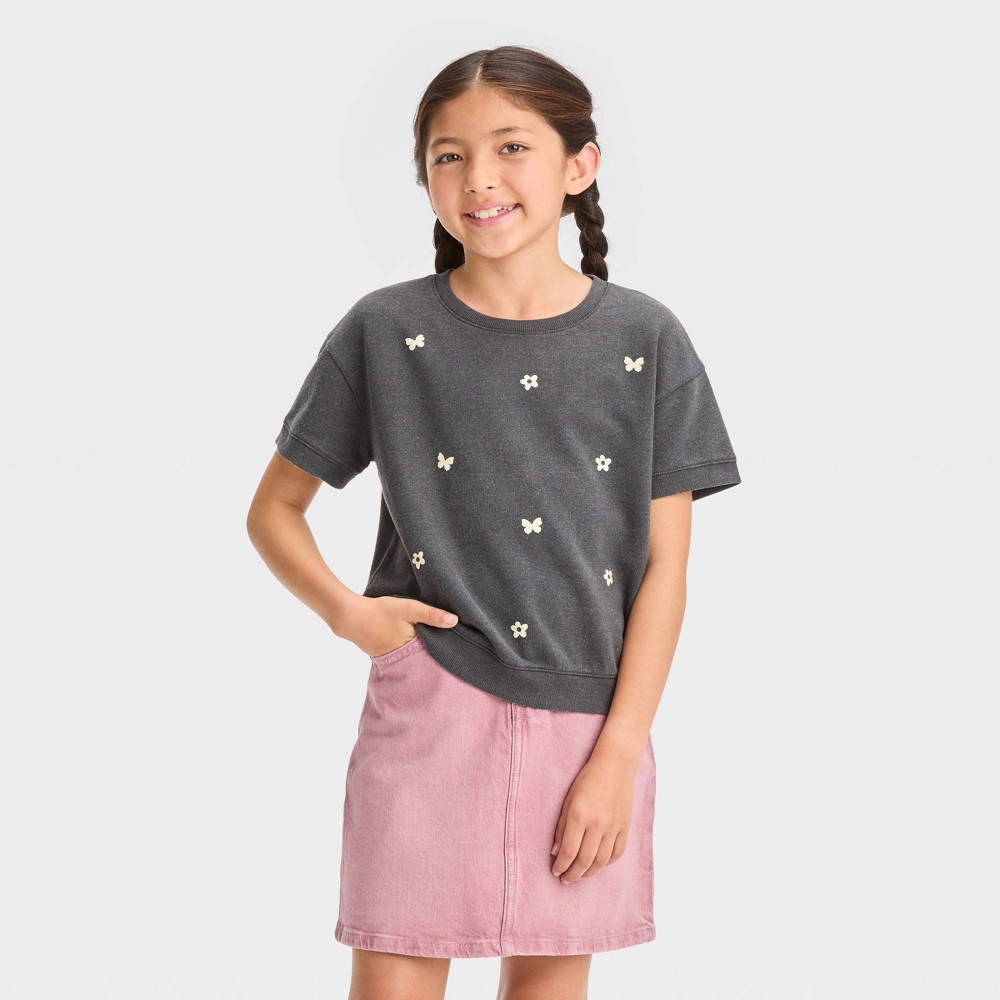 Girls' Short Sleeve Printed French Terry Sweatshirt - Cat & Jack™ Charcoal Gray S