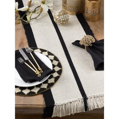 Rustic Cream and Black Cotton Fringe Table Runner