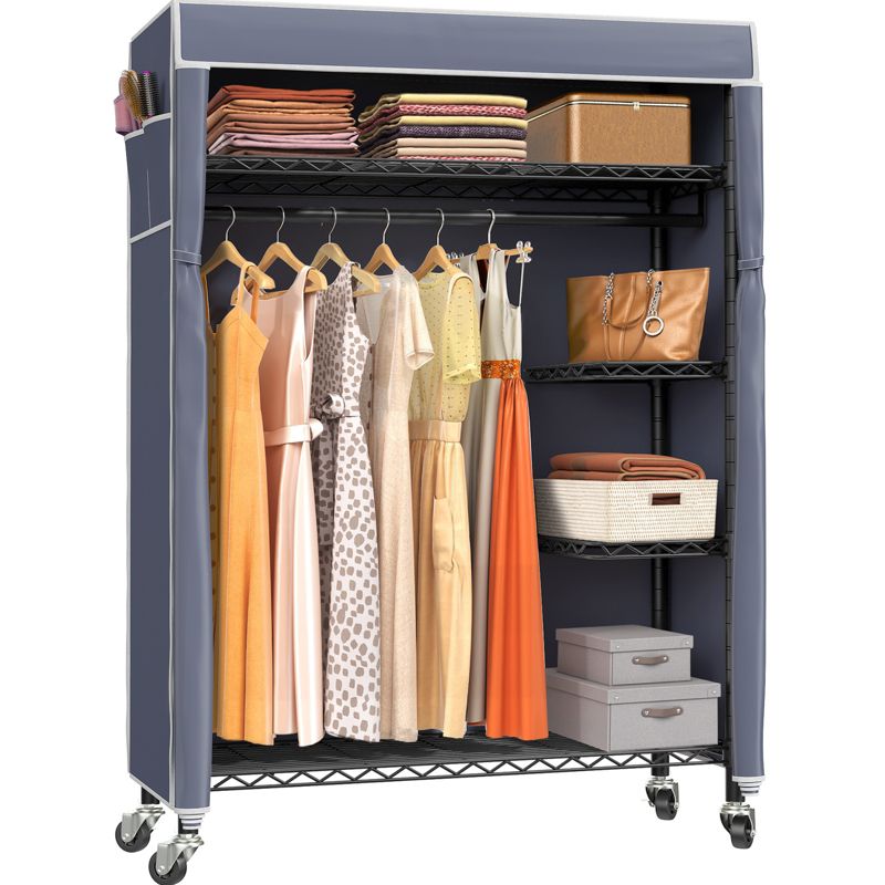 VIPEK V11C Portable Closets Rolling Clothes Rack Wardrobe Black Metal Clothing Rack with Gray Oxford Fabric Cover, 1 of 13
