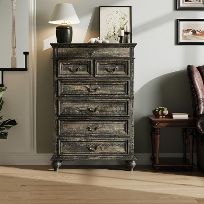 Jojoka 7 Drawer Farmhouse Dresser for Bedroom, 50" Tall Wood Chest with Jewelry Organizer for Bedroom, Living Room, or Entryway