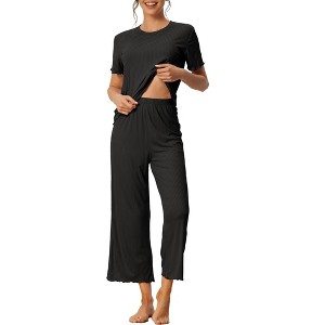 cheibear Women's Pajama Set Ruffle Round Neck Soft Knit Short Sleeve Shirt with Pants Capri Loungewear - 1 of 4