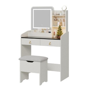 GustoWave, Vanity Desk with LED Light Mirror and Charging Station,Small Makeup Vanities Set with 2 Drawers with Storage Stool - 1 of 4