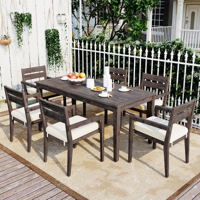 7-Piece Outdoor Dining Set, Dining Set with Table and Armrest Chairs, Dining Chairs with Acacia Wood Frame and Foam Cushions–Cuddlewood