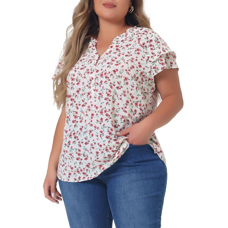Agnes Orinda Women's Plus Size Floral Ruffle Trim V Neck Button Layered Sleeve Blouses, 3 of 8