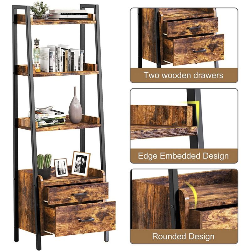 Fabato Bookshelf Bookcase w/Ladder Shelves, Metal Frame, & 2 Organizing Drawers for Living Room, Office, or Bedroom, 2 of 7