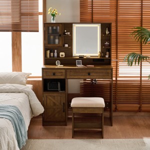 37.4" Farmhouse Vanity Desk with Lighted Mirror, Charging Station, Drawers, Shelves and Stool, Makeup Table for Bedroom - 3irtyhousy - 1 of 4