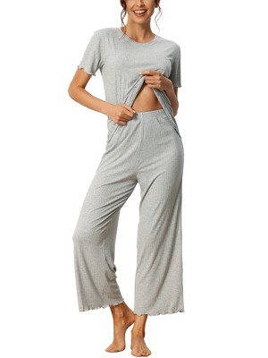 cheibear Women's Pajama Set Ruffle Round Neck Soft Knit Short Sleeve Shirt with Pants Capri Loungewear