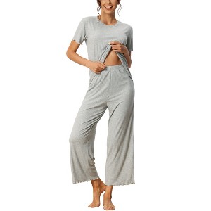 cheibear Women's Sleepwear Round Neck Soft Knit Short Sleeve Shirt with Pants Capri Pajamas Set - 1 of 4