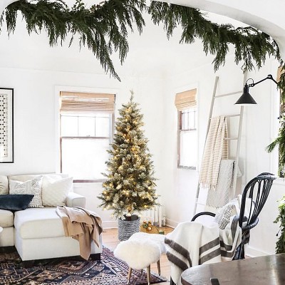 5.6 Ft Pre-Lit White Flocked Fir Christmas Tree with Gray Pot