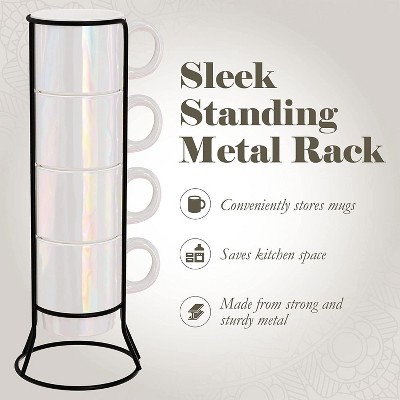 Pearlized Ceramic Mug Set with Black Metal Rack, 14 oz, 4-Piece