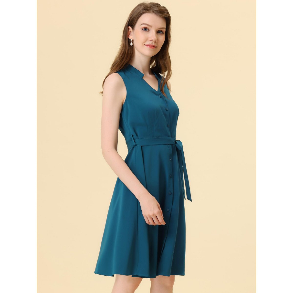 Женские платья INSPIRE CHIC Women's V-neck Sleeveless Belted Shirtdress Button Down Dress Small Lake Blue — фото 3