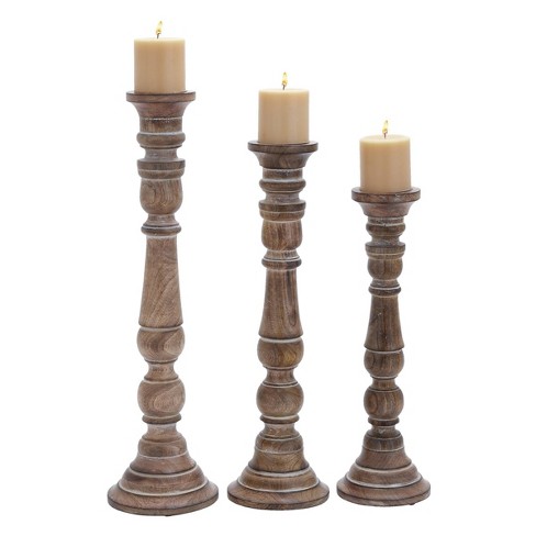 Set Of 3 Whitewashed Wooden Candle Holders Brown - Olivia & May : Target