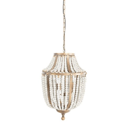 Storied Home Metal and Draped Wood Bead Chandelier Distressed White: Ceiling Light, ETL & UL Listed - image 1 of 4