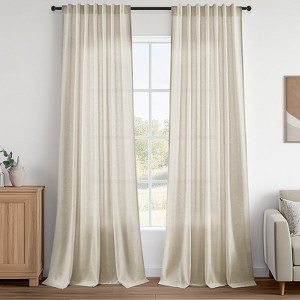 Cotton Linen Blended Light Filtering Curtain,Back Tab Hooks Drapes Set of 2,With Hooks - 1 of 4