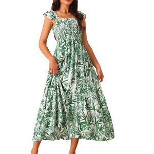 INSPIRE CHIC Women's Summer Boho Smocked Square Neck Cap Sleeve Ruffle Floral Flowy Tiered Maxi Sundress - 1 of 4