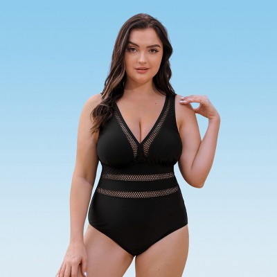 Women's Plus Size Mesh V-neck One-piece Swimsuit - Cupshe