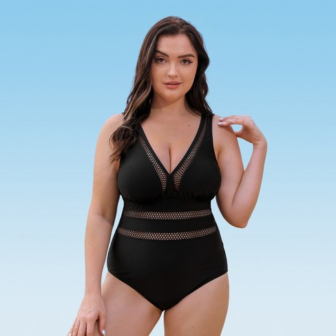 Women's Plus Size Mesh V-neck One-piece Swimsuit - Cupshe-2X-Black
