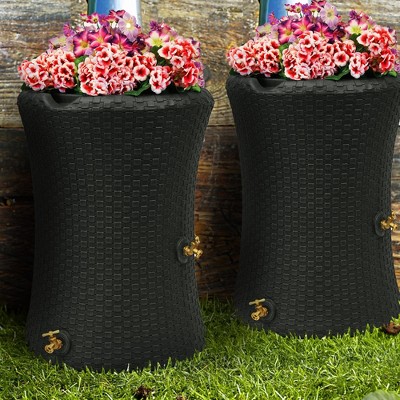 Black 50 Gallon Dual Spigot Rain Barrel with Planter Top