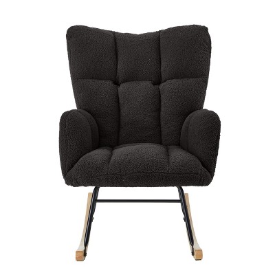 Gulches Dark Gray Teddy Tufted High Back Metal Frame Glider Chair Set of 1 Wide Seat Rubber Wood Base 300 lb Living Room Bedroom Accent Chair