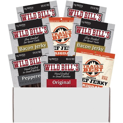 Wild Bill's Multi-Brand 8-Piece Jerky Sampler Box (8 assorted packs of beef jerky and bacon jerky)