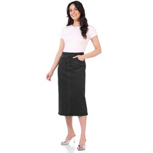 Rekucci Women’s Secret Figure Pull-On Stretch Denim Midi Skirt – Mid-Rise Slim Fit Jean Skirt with 5 Pockets, Back Slit & Sculpting Comfort - 1 of 2