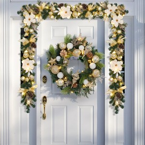 6ft Pre-Lit Christmas Garland w/ 20 LED Lights - Gold Berries & Pinecones on Dense Pine | Battery-Powered for Fireplace/Mantel/Stairs - 1 of 4