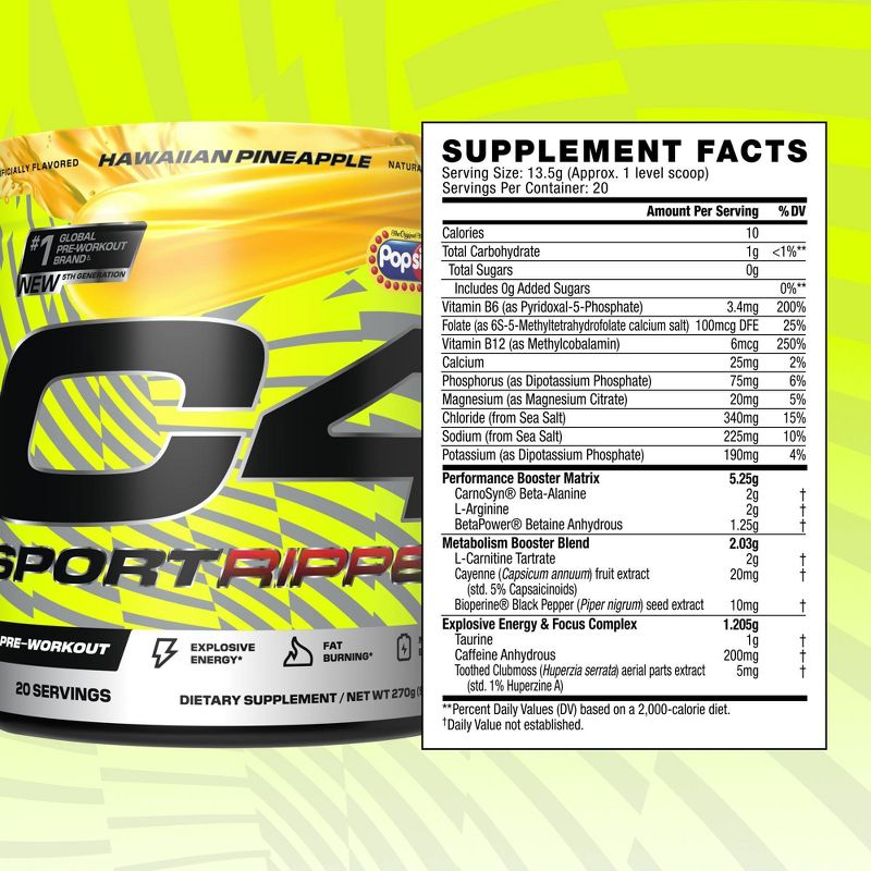 Cellucor C4 Sport Ripped Pre-Workout - Popsicle Hawaiian Pineapple - 9.5oz/20 Servings, 3 of 10
