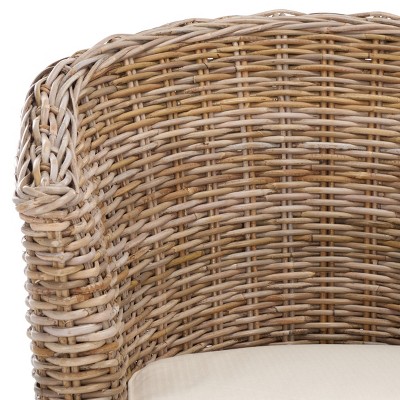 Natural Unfinished Rattan Barrel Accent Chair with White Cushion