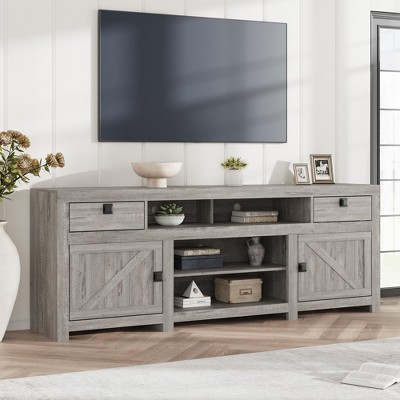 Homhougo Farmhouse TV Stand for 75/80 Inch TVs, 70" Long Entertainment Center with 4 Storage Drawers & 3 Open Shelf Gray