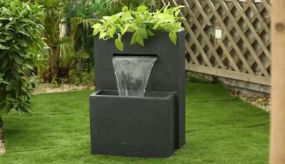 Gray Polyresin Modern Rectangular Waterfall Fountain with Planter