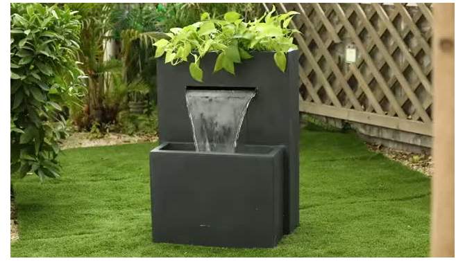 LuxenHome Gray Resin Modern Rectangular Waterfall Outdoor Fountain, 2 of 7, play video