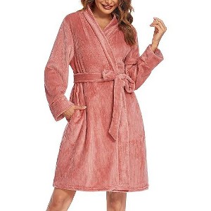Ekouaer Women Fleece Bathrobe Plush Short Robe Long Sleeve Robe Attached Belt Soft Sleepwear Ladies Loungewear - 1 of 4