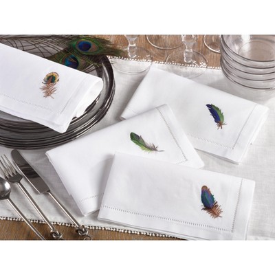 White Cotton Napkins with Blue Feather Embroidery, Set of 6