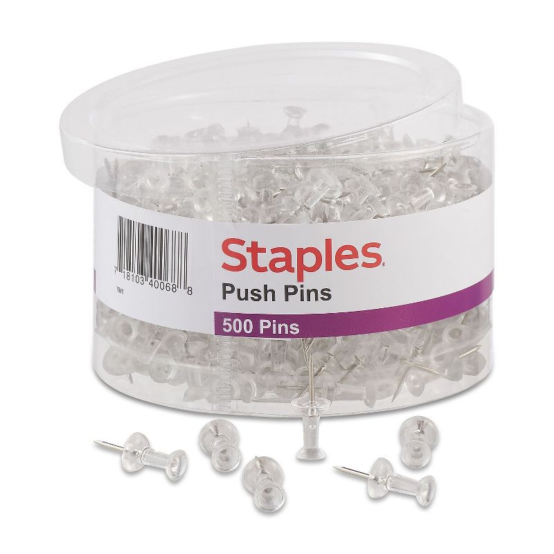 Staples Push Pins Clear 500/Tub 480117, 1 of 4