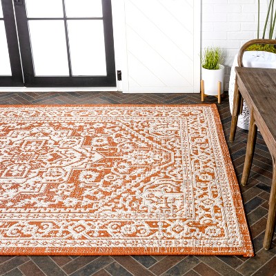 Sinjuri Orange/Cream Medallion Handwoven 9' x 12' Indoor/Outdoor Rug