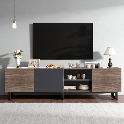 Modern TV Stand with 3 Cabinets & Open Shelves, Media Console Table for TVs up to 80'', Entertainment Center with Drop Down Door for Home