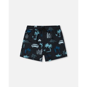 Deux par Deux Boy Printed Swim Trunks Light Blue Beach on Black - 1 of 4