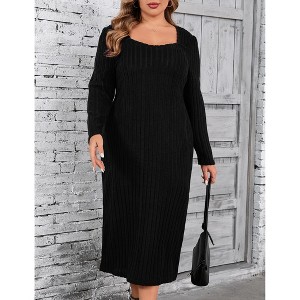 Women's Plus Size Sweater Dress Square Neck Long Sleeve Casual Fall Winter Tunic Knit Midi Dress - 1 of 4