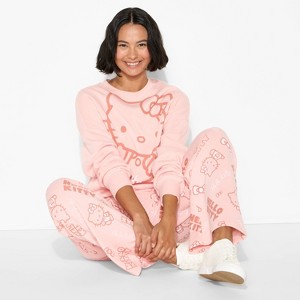 Women's Hello Kitty Wide Leg Fleece Graphic Pants - Pink - 1 of 3