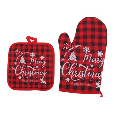 Unique Bargains Oven Mitts and Pot Holder Plaid Christmas Polyester Closed Cell Foam Red