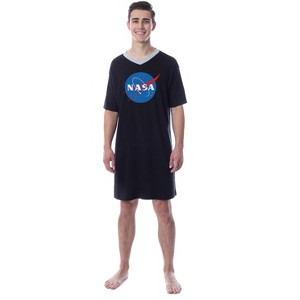 NASA Mens' Meatball Space Fashion Logo Nightgown Sleep Pajama Shirt Black - 1 of 4
