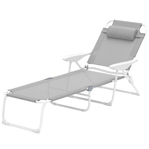 Resenkos Folding Chaise Lounge, Outdoor Sun Tanning Chair, 4-Position Reclining Back, Armrests, Removable Pillow, Light Gray - 1 of 4
