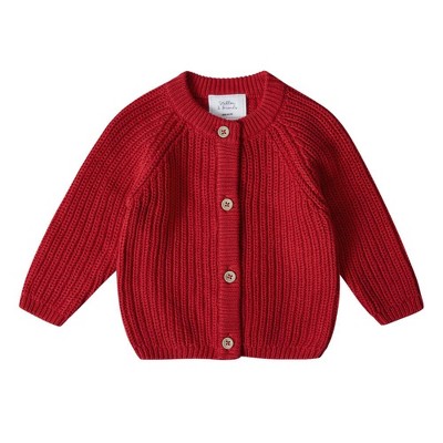 Stellou & Friends 100% Cotton Chunky Ribbed Knitted Cardigan for Boys & Girls Ages 0-6 Years - 5-6 Years / Red