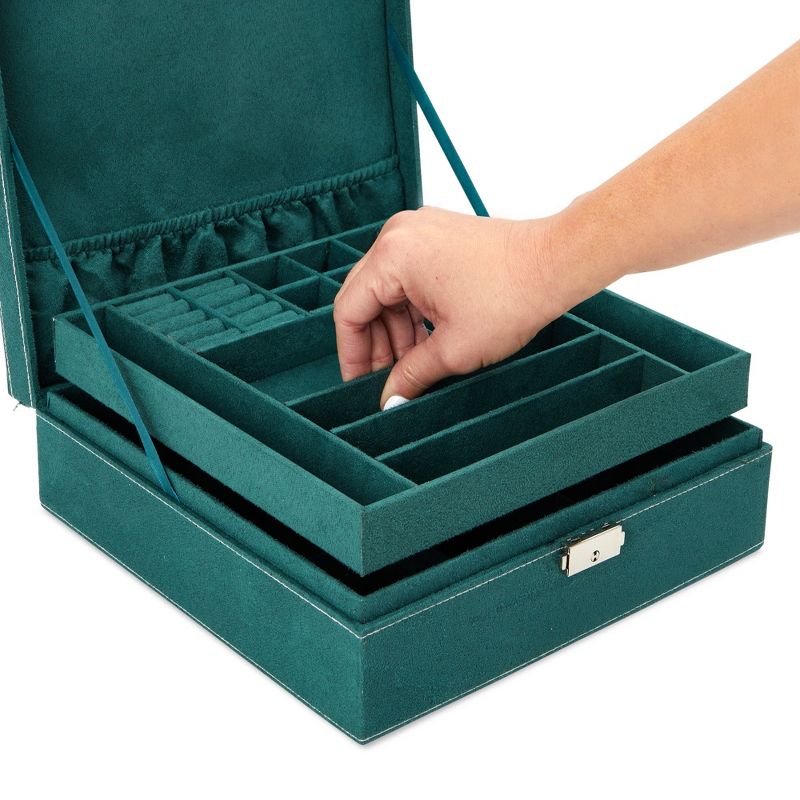 Juvale Velvet Jewelry Box Organizer - Lockable 2 Layer Travel Case, Earrings Storage with Removable Tray for Women, Men (Green), 4 of 9