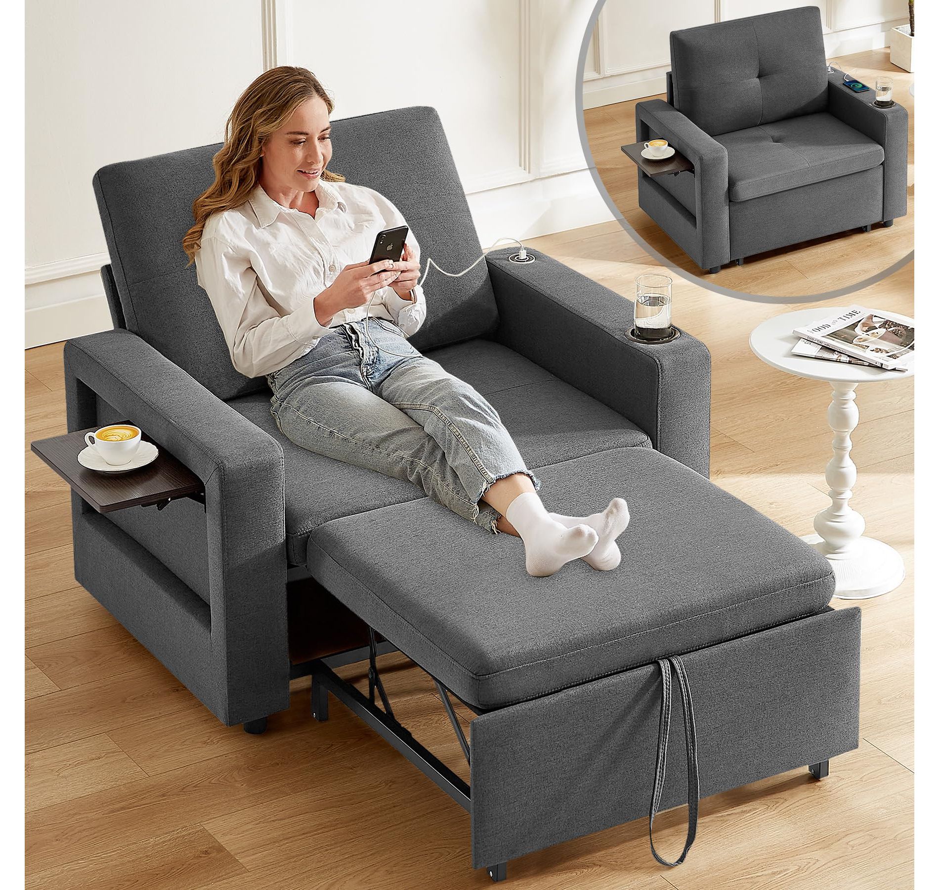 Vipbear 3-in-1 Sleeper Sofa Chair Bed, 42.5" W Convertible Sleeper Chair with Pull Out Bed, USB Charging Ports & Side Table, Cup Holder
